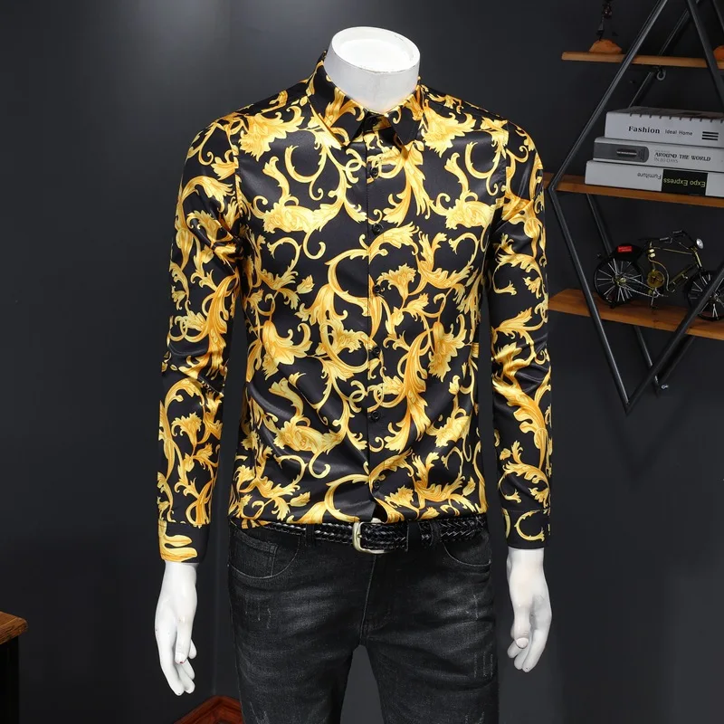 Рубашка мужская с длинным рукавом Роскошная блуза цветочным принтом в стиле