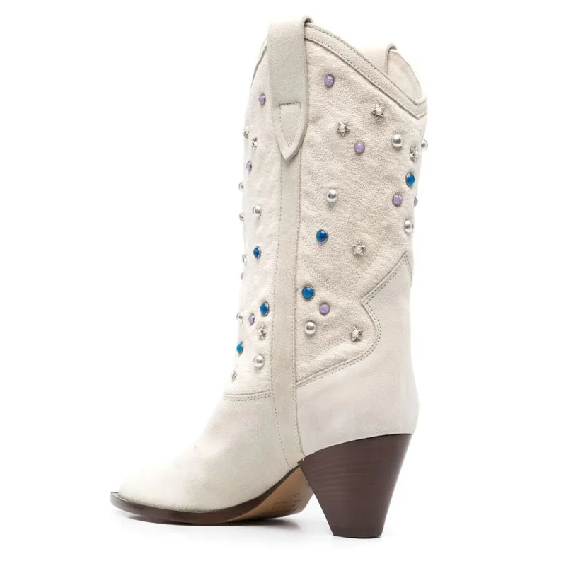 Женские ковбойские ботинки стразы замшевые ботильоны с кристаллами зимние белые