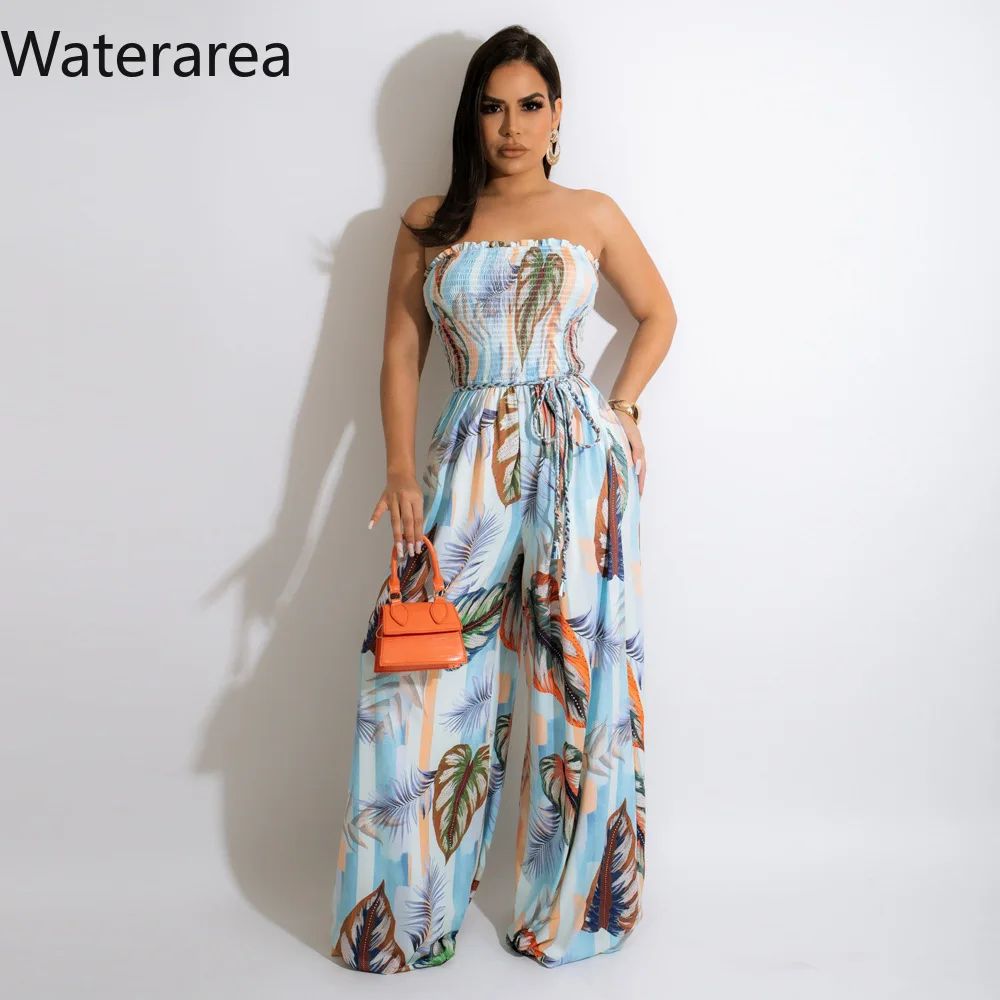 Женский комбинезон с цветочным принтом без бретелек высокой талией и поясом |