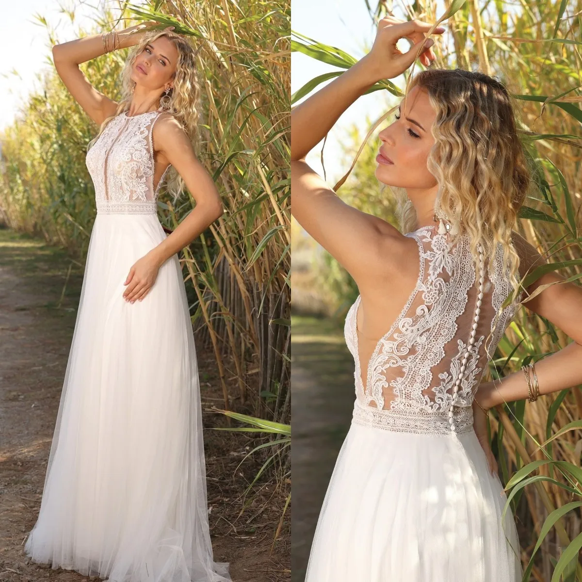

Bohemian Wedding Dresses Romantic Lace Appliqued Sleeveless Bridal Gowns Sexy A Line See Thru Button Back Vestidos De Mariee