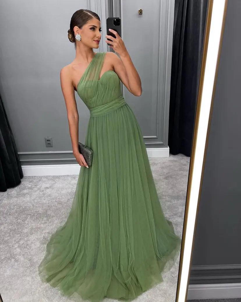 

Sapmae One-shoulder A-line Green Sample Court Train Zipper Up Elegant For Women Cocktail Prom Evenning Formal Party Dress