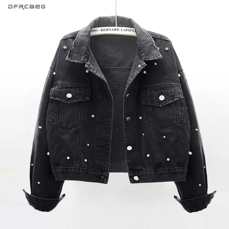 

Black Vintage Oversized Women Short Jeans Jacket With Pearls Diamonds 2020 Spring Streetwear Female Denim Coat Loose Outwear