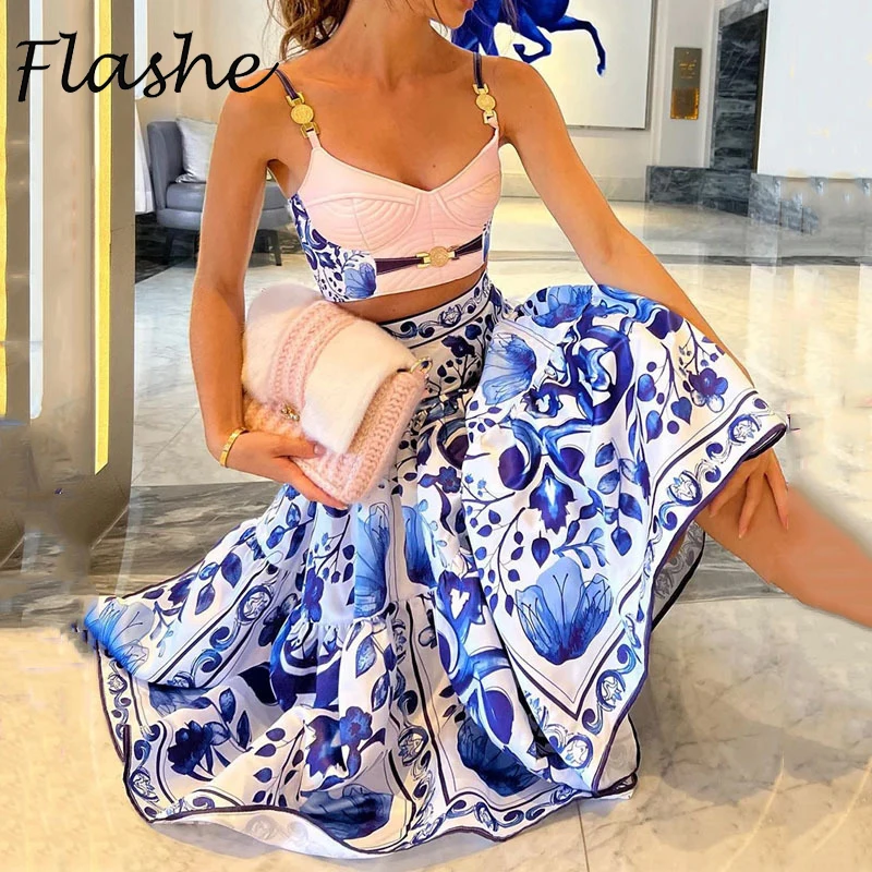 

Fashion Women Dress Suit Sexy Sleeve Vest High Waist Print Skirt Set Female Elegant Two Piece Set Beach Holiday Outfits