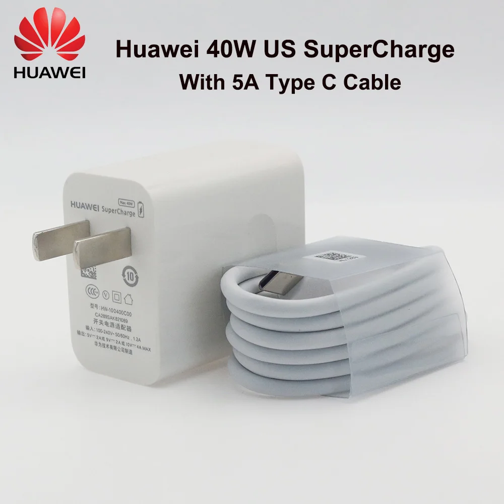Зарядное устройство Huawei, 40 Вт, 10 в, 4 а, быстрая зарядка США, 5 А, кабель USB Type-C для Mate 20, 30 Pro, P40, P30 Pro, Honor 20, 30, V30