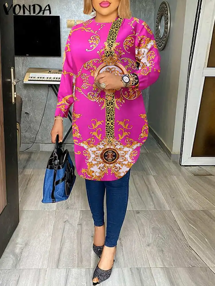 

2023 VONDA Women Long Shirt Summer Bohemian Blouses Long Sleeve Printed Vintage Tops Tunic Fashion Casual Loose Blusas Femininas