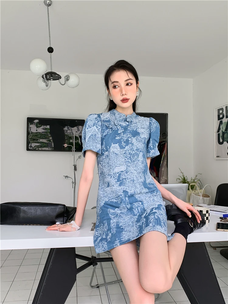 

Летнее дизайнерское платье-Ципао DALMAZZO с вышивкой и пряжкой, женское платье миди с воротником-стойкой, шикарные облегающие джинсовые платья с запахом