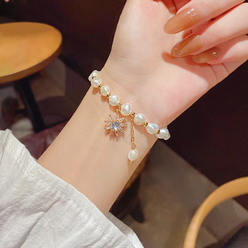 

Freshwater Pearl Sunflower Zircon Bracelet For Women Ins Style Adjustable Bracelet Female Design Hand String Fashion Jewelry
