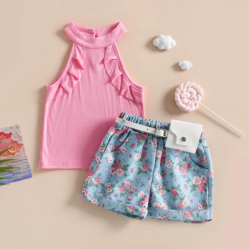 

2PCS Toddler Kids Girls Summer Clothes Ribbed Ruffle Sleeveless Vest High Waist Floral Shorts Set with Fanny Pack Outfits