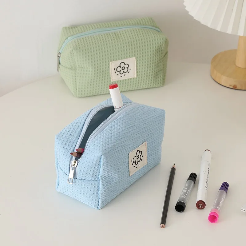 

Japanese Cute Pencil Pouch Small and Portable Makeup Bag Summer Flowers Simple Waffle Pencil Bag School Supplies