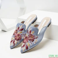 silk embroidery mules shoes woman brand luxury slippers flats pointed toe slides floral home slippers cozy slip on flip flops