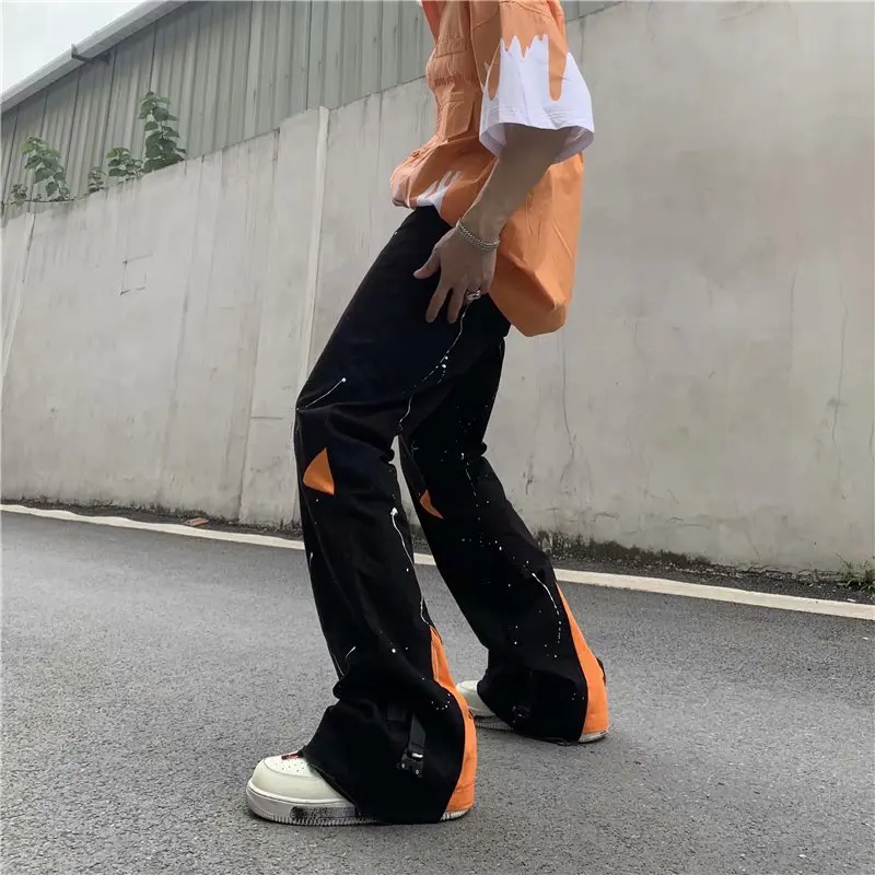 2022 Vibe Style Zipper Design Black Streetwear Men Flare Jeans Pants High Street Casual Loose Y2K Hip Hop Denim Trousers Spodnie