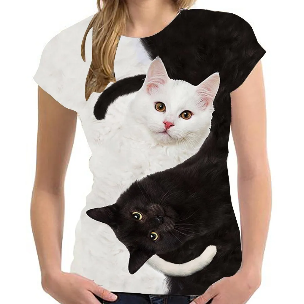 

Summer Women's T-Shirts Cute Two Cats Printed t shirts New Fashion Girls Tops O-Neck Oversized Cool Tee Kawaii Clothes camisetas