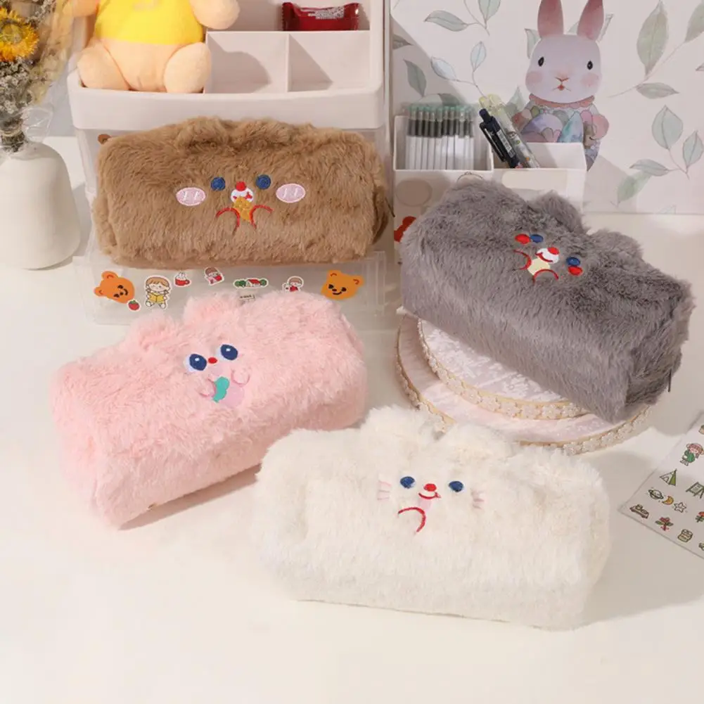 

Pen Bag Large Capacity Cartoon Design Smooth Zipper Touch Plush Smile Face With Ear Lovely Pencil Pouch Student Supplies
