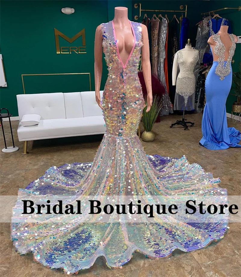 

Sexy Sparkly Sequins Mermaid Prom Dress 2023 Deep V-Neck Court Train Graduation Party Dress Formal Gowns Robe De Bal
