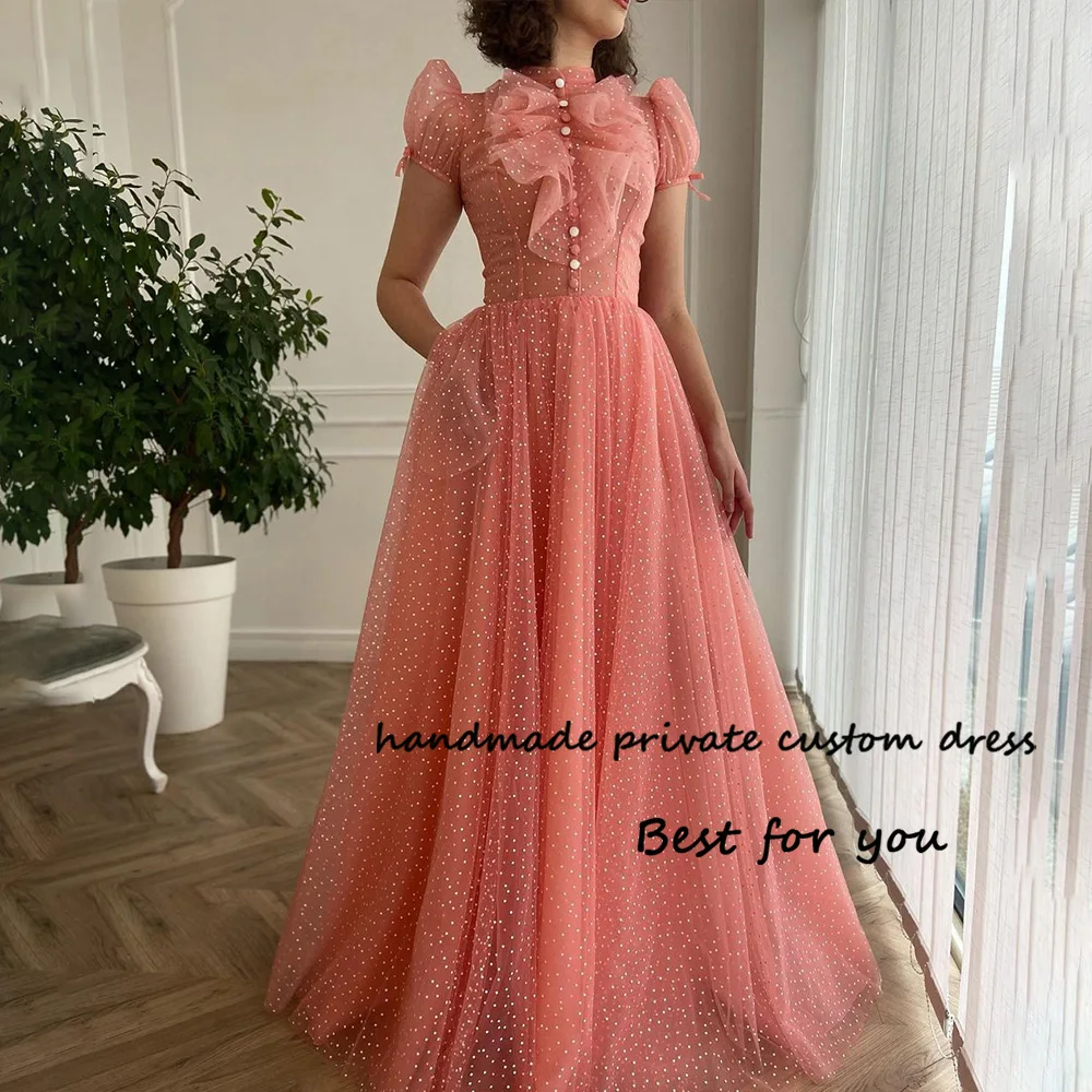 

Coral Dotted Tulle Princess Formal Prom Dresses Short Sleeve High Neck Front Buttons A Line Evening Party Dress with Pockets