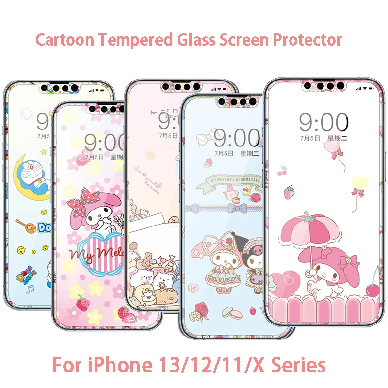 For iPhone 13 Pro Max Tempered Glass Screen Protector For iPhone 12 11 Pro X XS XR Cartoon Cute Girl Glass Film For 14 Plus Pro