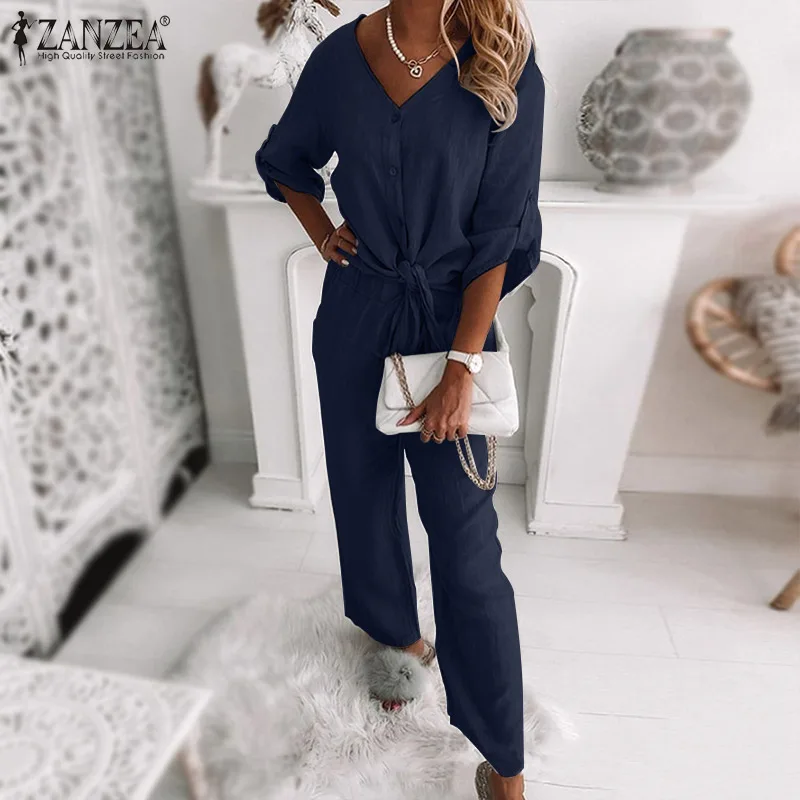 

ZANZEA Holiday 2022 Spring Solid Matching Sets Vintage 2PCS V Neck Shirt Elastic Waist Pant Party Pant Sets Oversized Drawstring