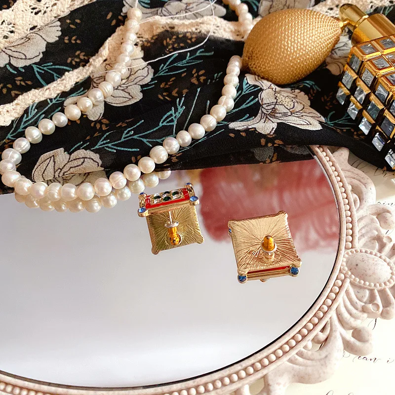 Auspicious Baby Elephant Drop Glaze Enamel Rhinestone Brooch Vintage Square Stud Earrings Jewelry Accessories Set for Women