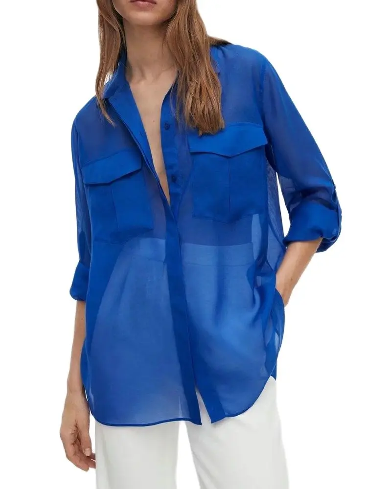 Женская шифоновая блузка оверсайз с длинным рукавом и карманами | одежда