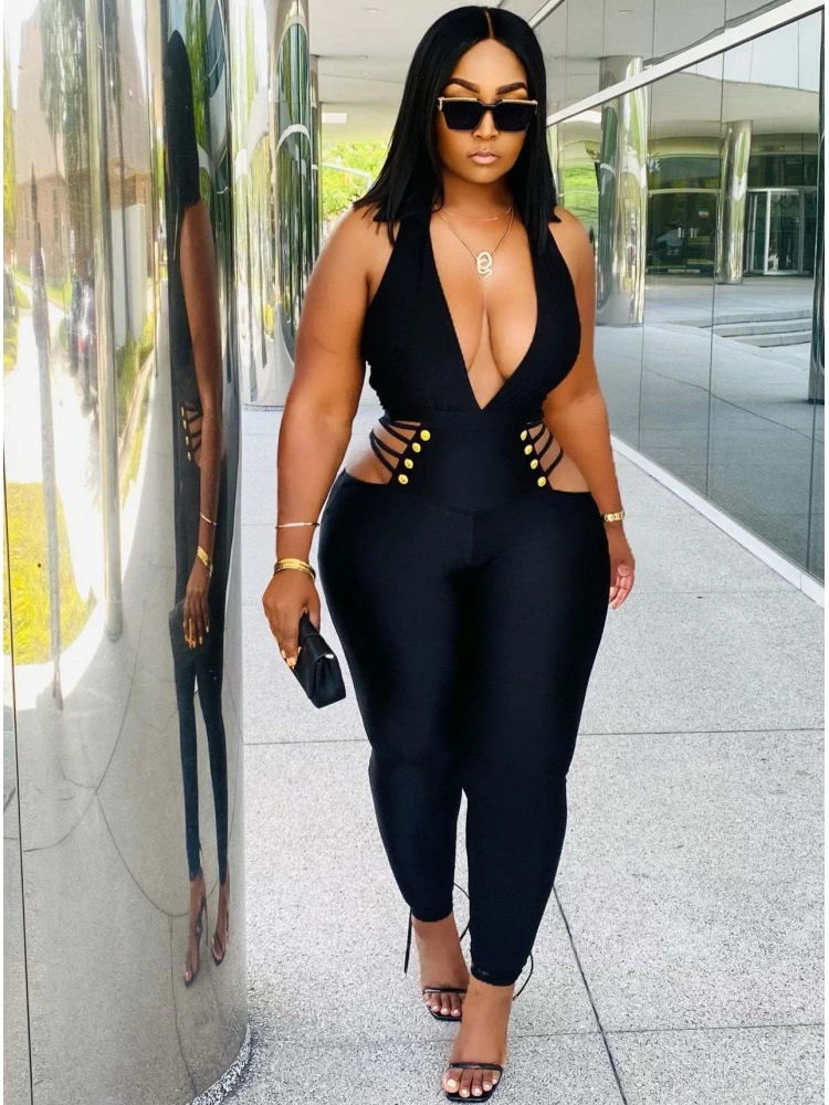 

Summer Solid Color V-Neck Overalls Jumpsuits Loose Jumpsuits For Women Rompers Lady Club Pencil Pants Female Vestidos