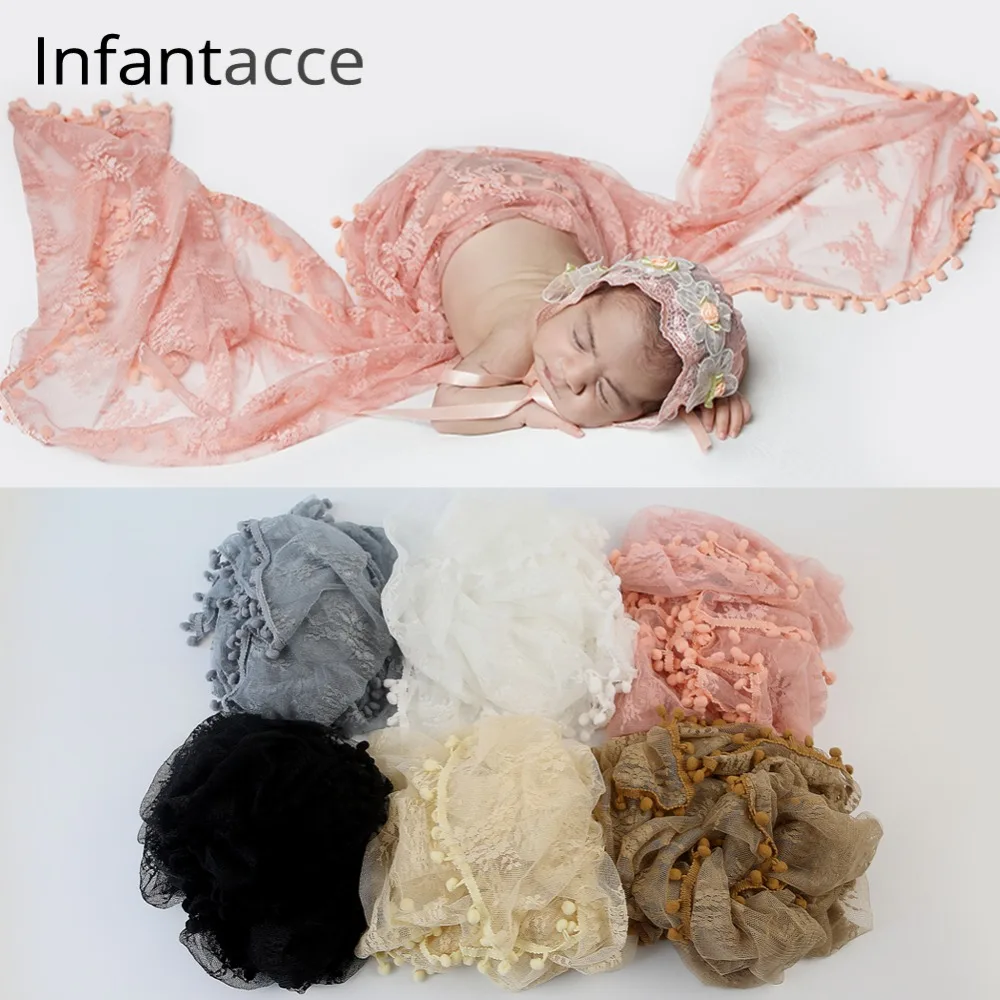

Newborn Lace Baby Stretch Blanket Wrap With Pompom Photo Prop Photography Accessories Layer Infant Swaddle