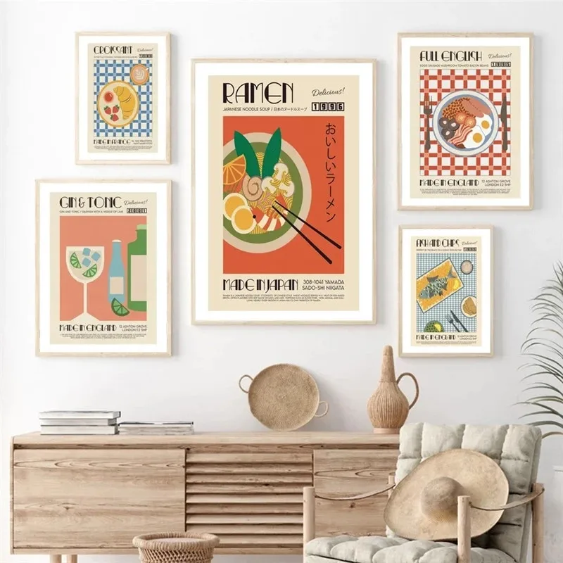 

Abstract Cartoon Food Drinks Picture Wall Art Canvas Painting Minimalist Posters and Prints for Home Dining Room Wall Decor