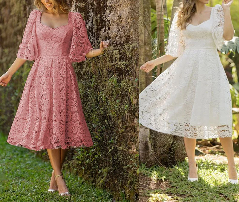 

Women's Elegant Pink Lace-up Dress 2023 Spring New Lace Dress Temperament Commuter Midriff White Dress