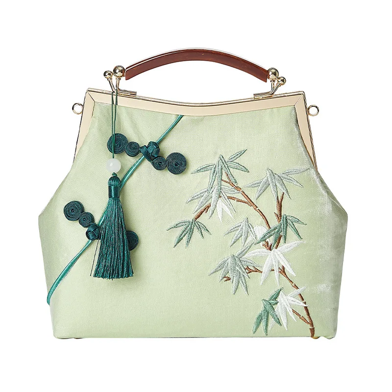 

Handmade Embroidery Bamboo Women Bags 2022 Cloth Shoulder Bag Lady Tassel Handbags Chinese Style Chain Shell Bags Evening Totes