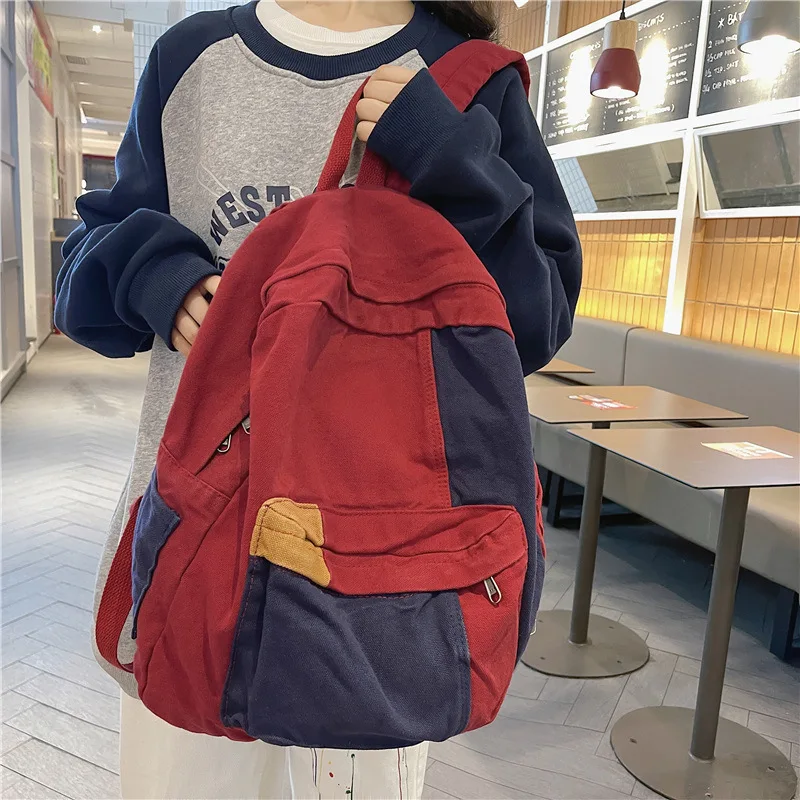 

Qyahlybz college girls school bag female ins washed canvas backpack color matching college backpack female travel shoulder bags