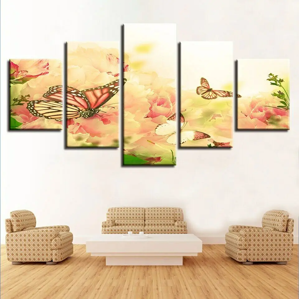 

5 Pieces Butterflies & Peony Pictures Pink Flowers Poster Wall Art Living Room Paintings Decor HD Print Canvas No Framed