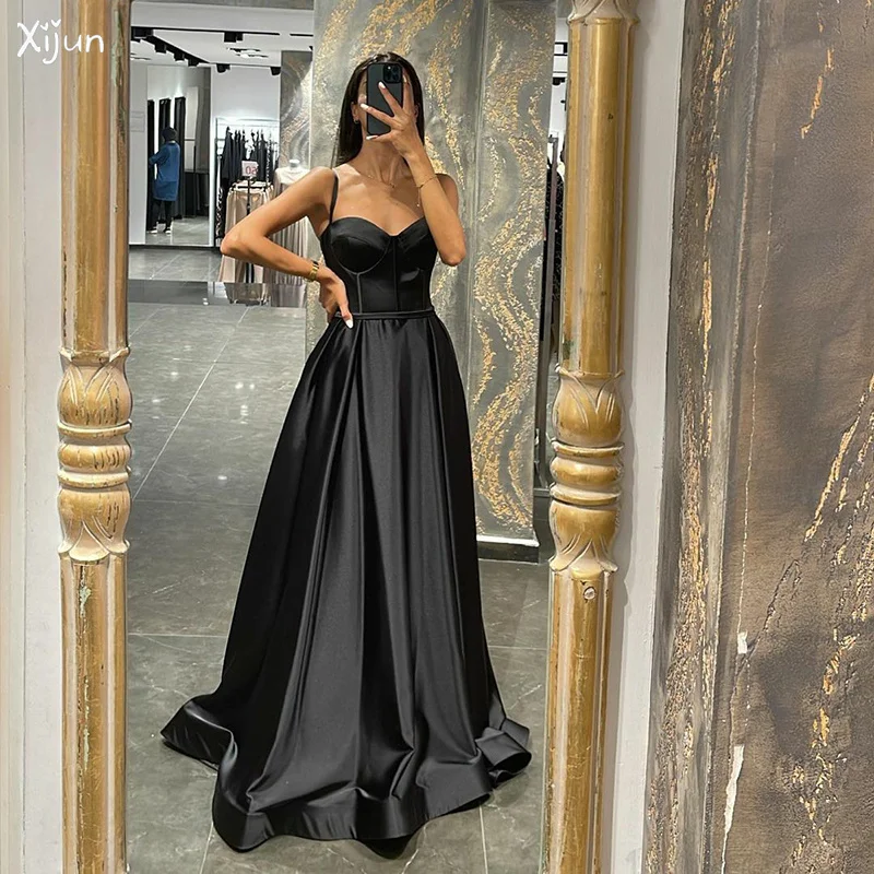 

Черные трапециевидные платья Xijun для выпускного вечера, женское вечернее платье на тонких бретельках, вечерние платья без рукавов в арабском и саудовском стиле