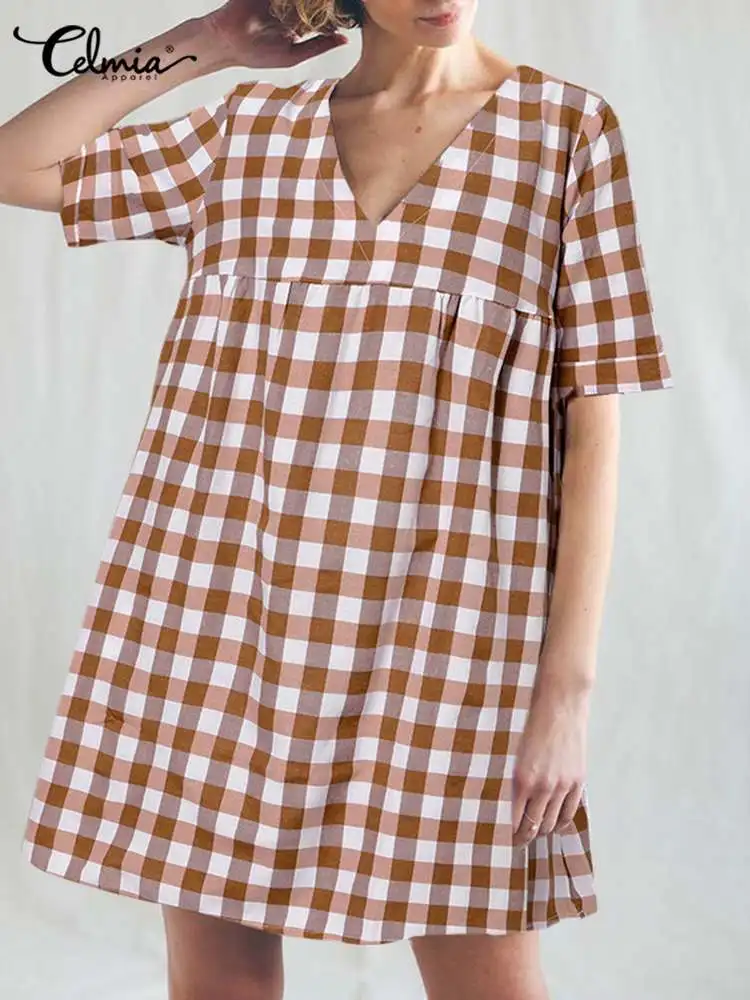

Celmia Casual Loose Check Mini Dress Women 2022 Summer Holiday Pleated Stitching Plaid Short Sundress Short Sleeve V Neck Robe