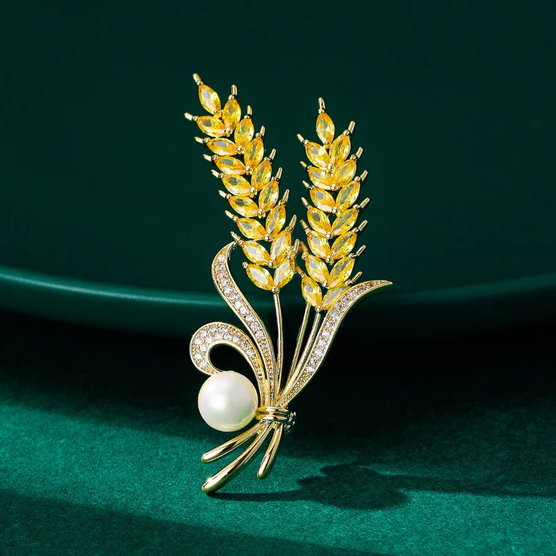

Trend Yellow Crystal Wheat Brooch for Women Elegant Conference Party Jewelry Spring Pin Accessories for Coat