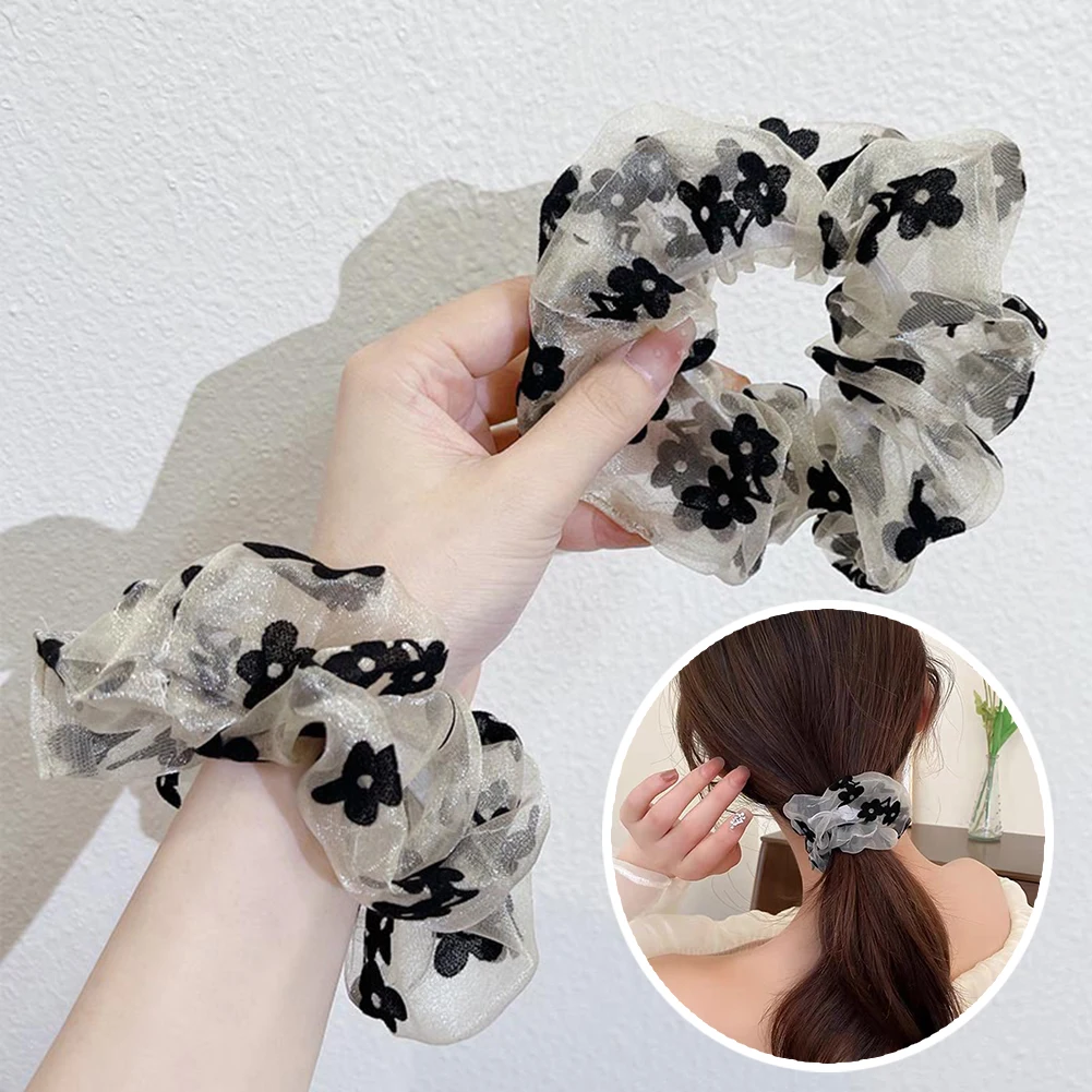 

Sweet Printed Flowers Mesh Scrunchies Women Romantic Black Hair Rope Transparent Tulle Organza Hair Ties Hair Accessories