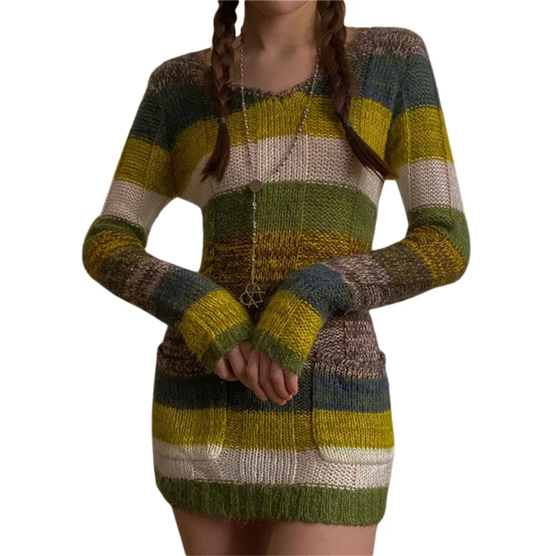 

Autumn Winter Knitting Dresses Ladies Contrast Color Long Sleeve V Neck Stripes Sweater Bodycon Dress Women Fashion Streetwear