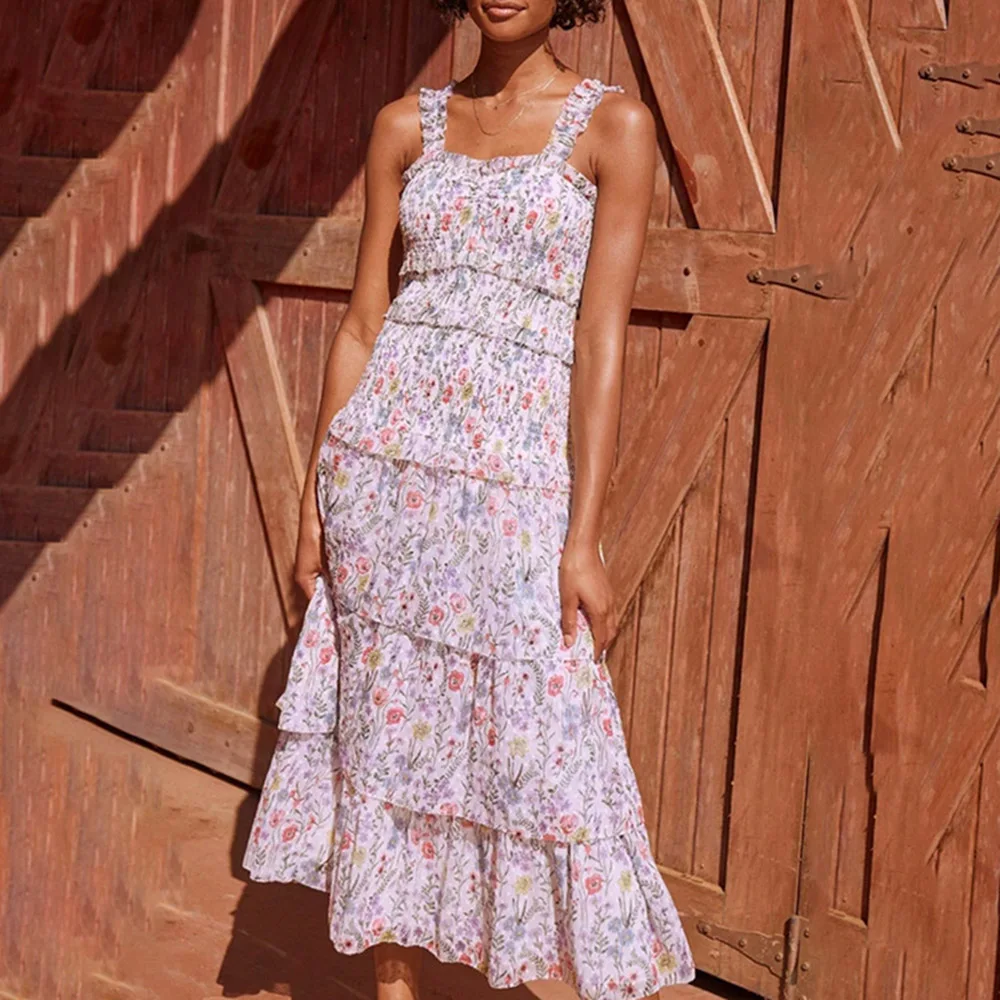 

Summer Beach Maxi Dress Women Floral Print Bohemian Long Chiffon Dresses Ruffles Strappy Casual Sexy Party Sundress Femme Robe