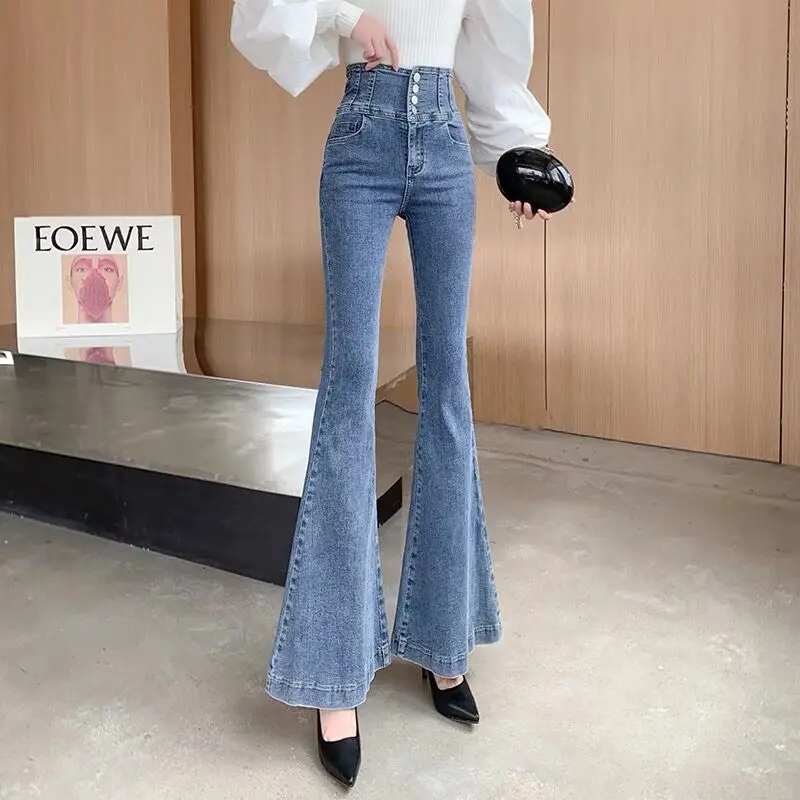 Winter Big Cuffs Flared Jeans Lady Stretch High Waist Skinny Boot Cut Trousers Mujer Fashion Denim Pants For Women High Street