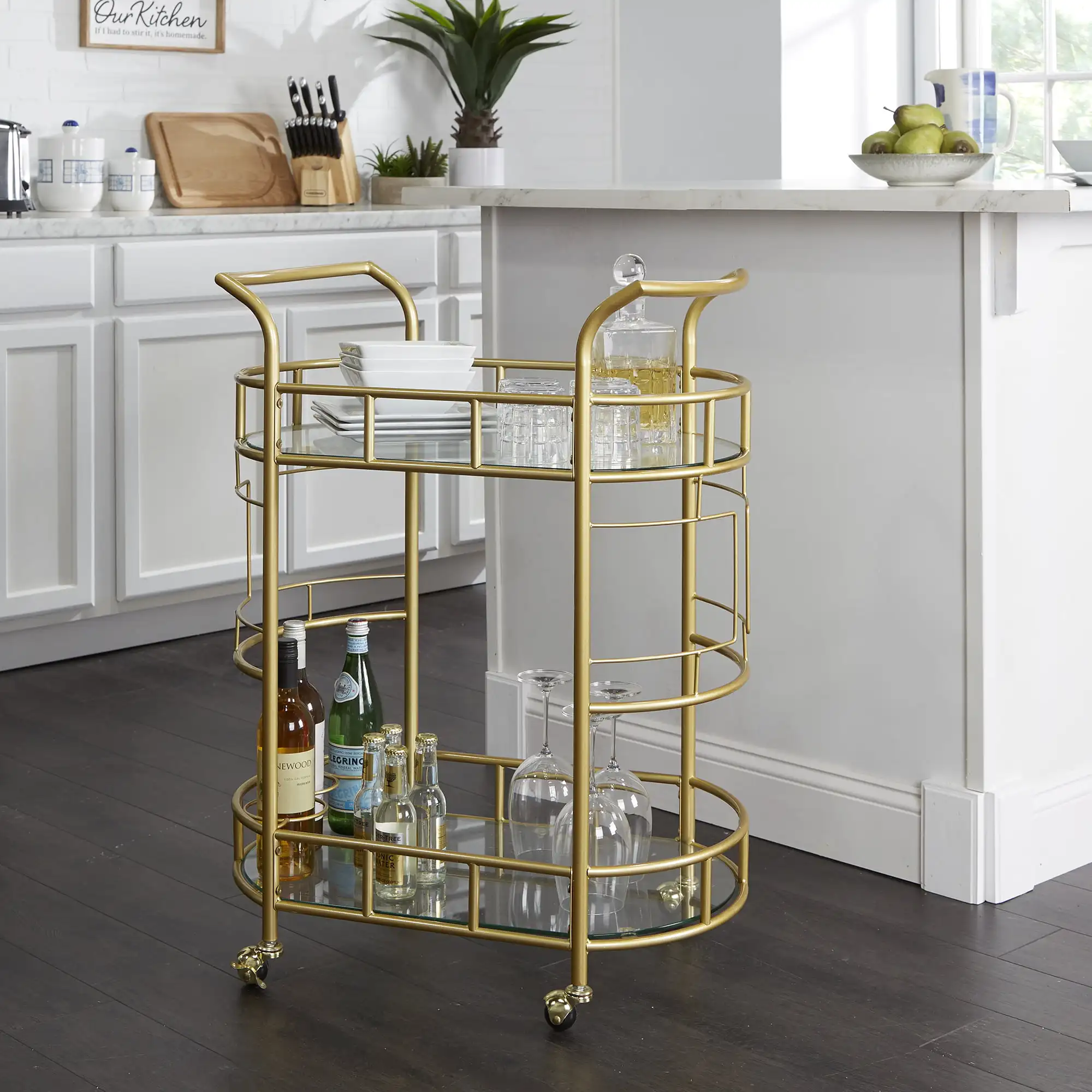 

Better Homes & Gardens Fitzgerald Bar Cart with Matte Gold Metal Finish, 2-Tiers