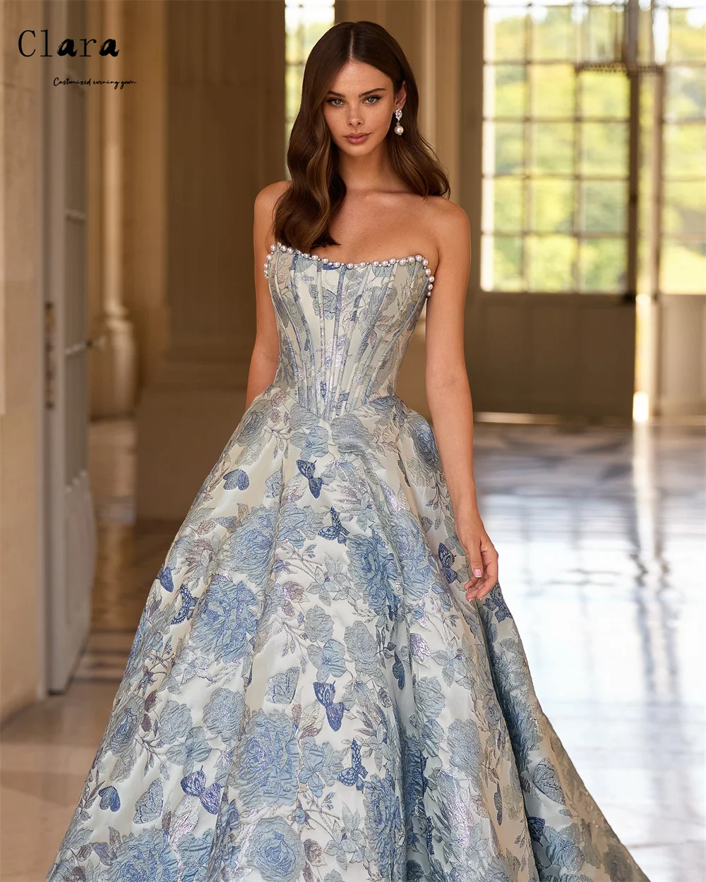 Вечернее платье Clara Custom, синее, А-силуэт, с цветочным узором на спине, без спинки, роскошное, 2026, изогнутое, элегантное, для вечеринок, длинное, для выпускного вечера, 2026 (art.: 3920d7ae53444) - 3920d7ae53444