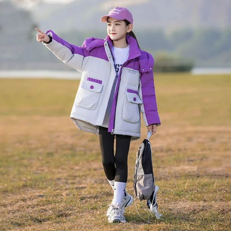 Длинный детский свободный утолщенный пуховик для девочек красный фиолетовый