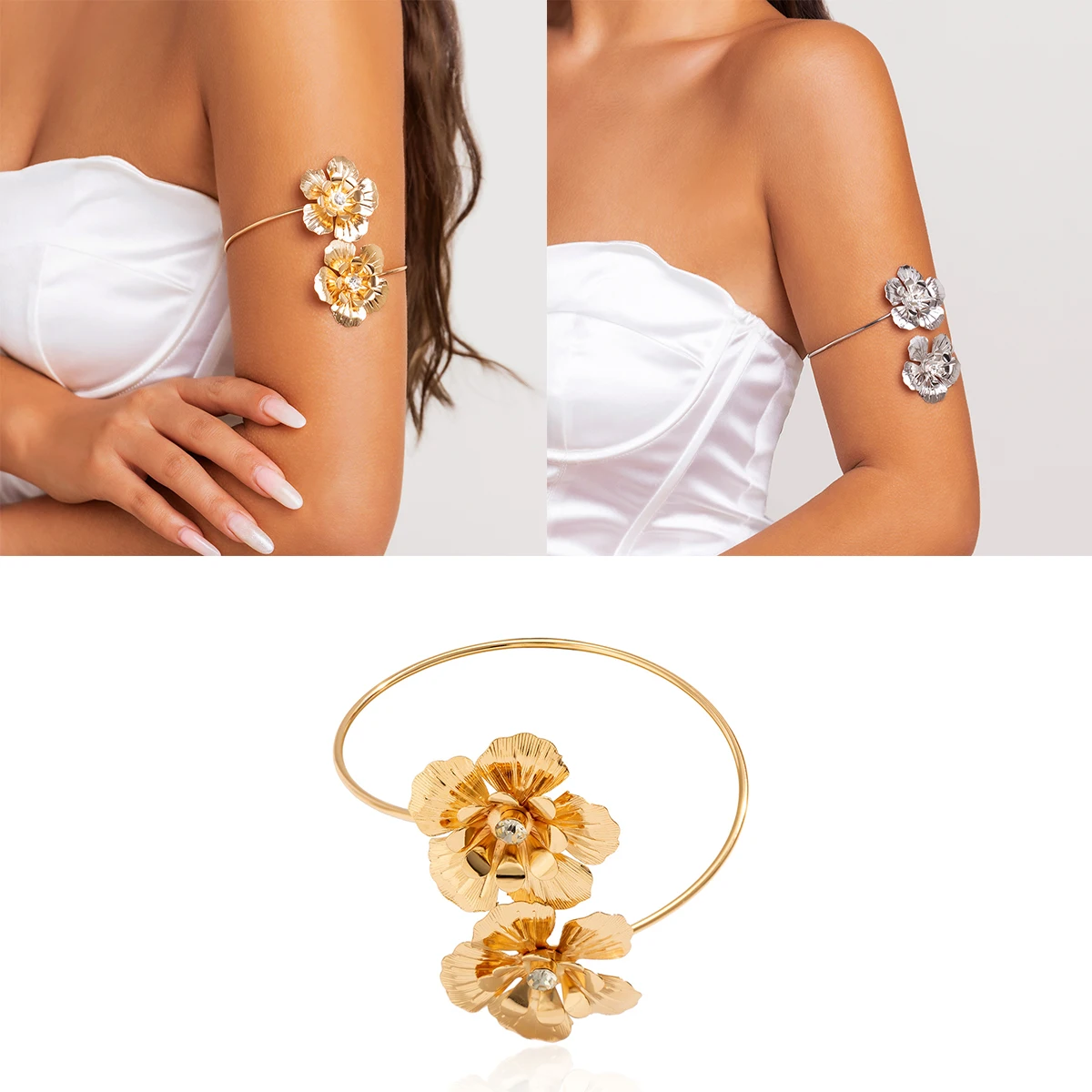 

Boho Big Gold Flowers Charm Upper Bracelet Arm Chain Metal Bohemia Summer Retro Arm Cuff Bangle Body Bracelets