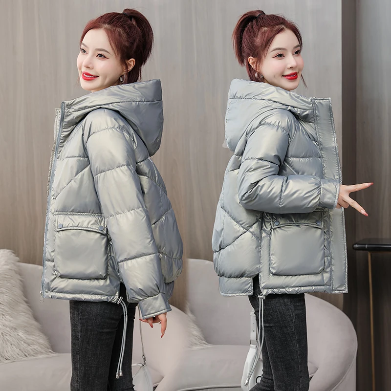 2022 New Winter Jacket Parkas Women Glossy Down Cotton Jacket Hooded Parka Warm Female Cotton Padded Jacket Casual Outwear