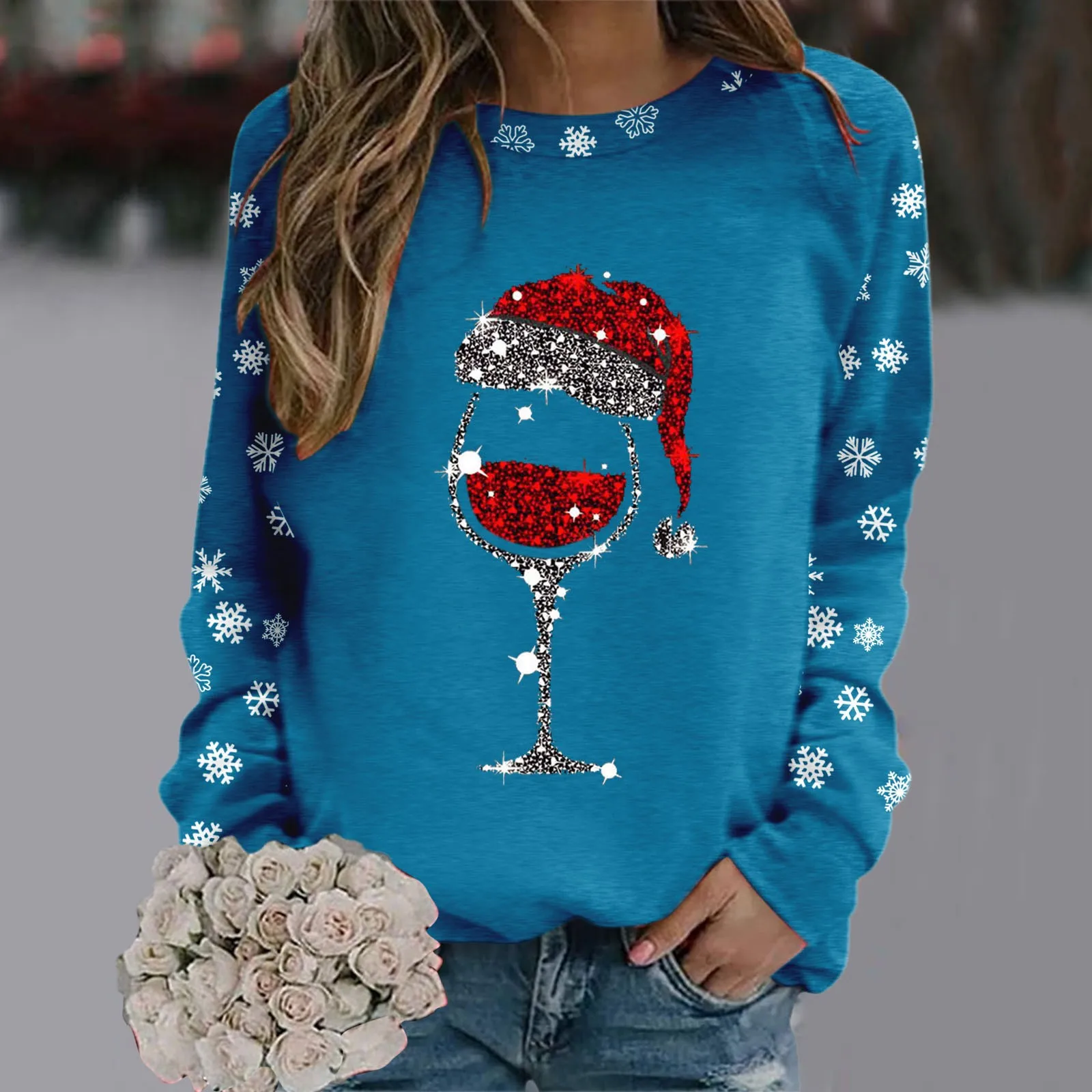 

Свитшот женский с круглым вырезом, приталенный пуловер с рождественским принтом, топы с длинным рукавом, рубашки для тренировок, свободная блузка