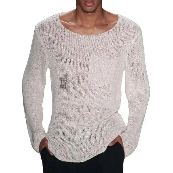 

Butemoda Spring Summer Thin Long Sleves O-neck Men's Sid Knit over Patchwork with Pocket