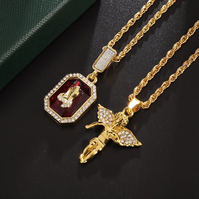 

2 Piece Set of Hip Hop Necklace Angel and Praying Hands Red Zircon Pendant Necklace for Men Women Trend Jewelry Gifts