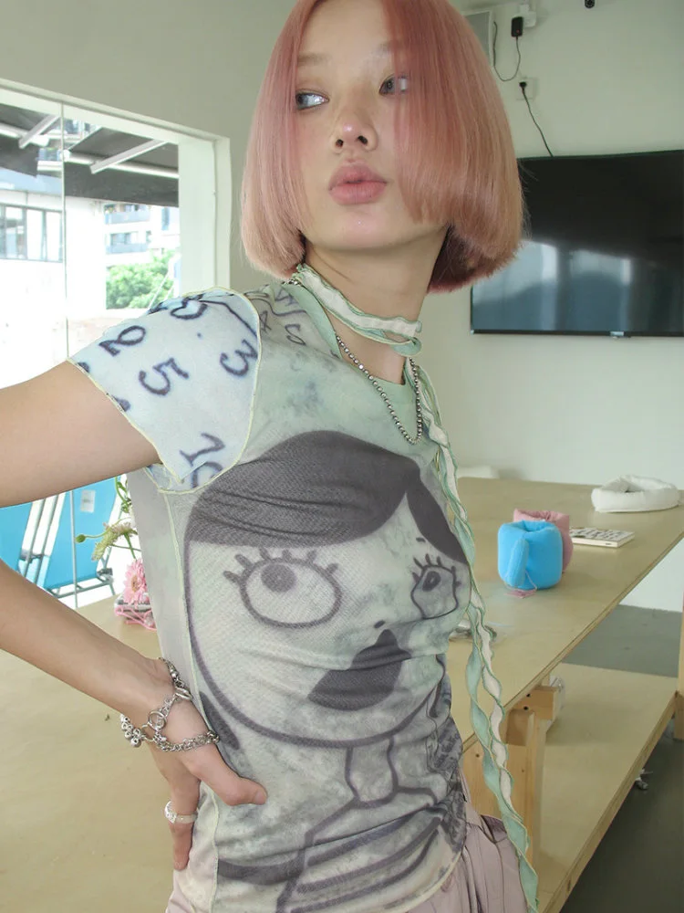 

Женская Просвечивающая футболка с мультяшным принтом, Повседневная Базовая облегающая футболка с коротким рукавом, Y2k, 2023