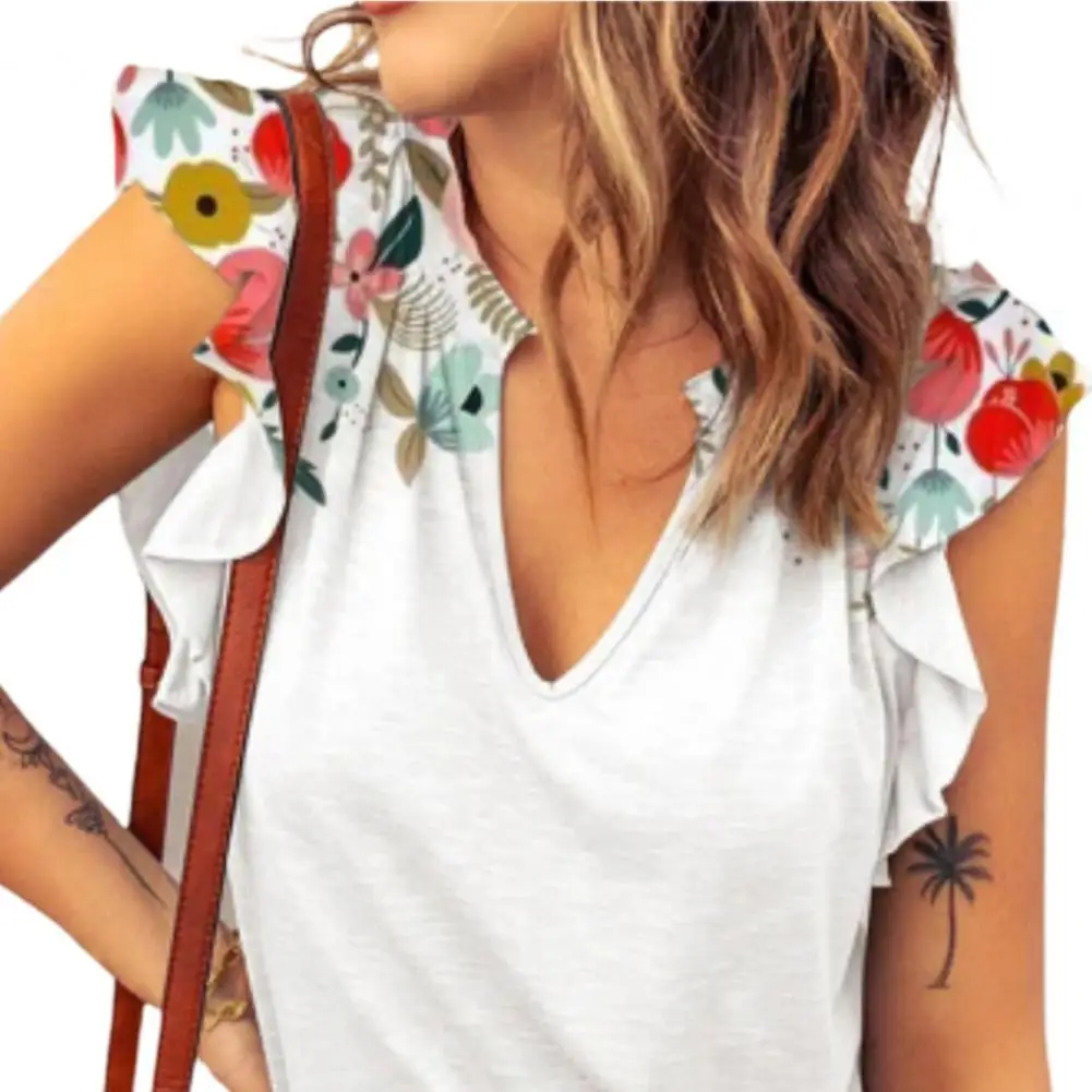 

40%HOTWomen T-shirts V Neck Floral All-match Fly Sleeve Casual Top for Daily Wear