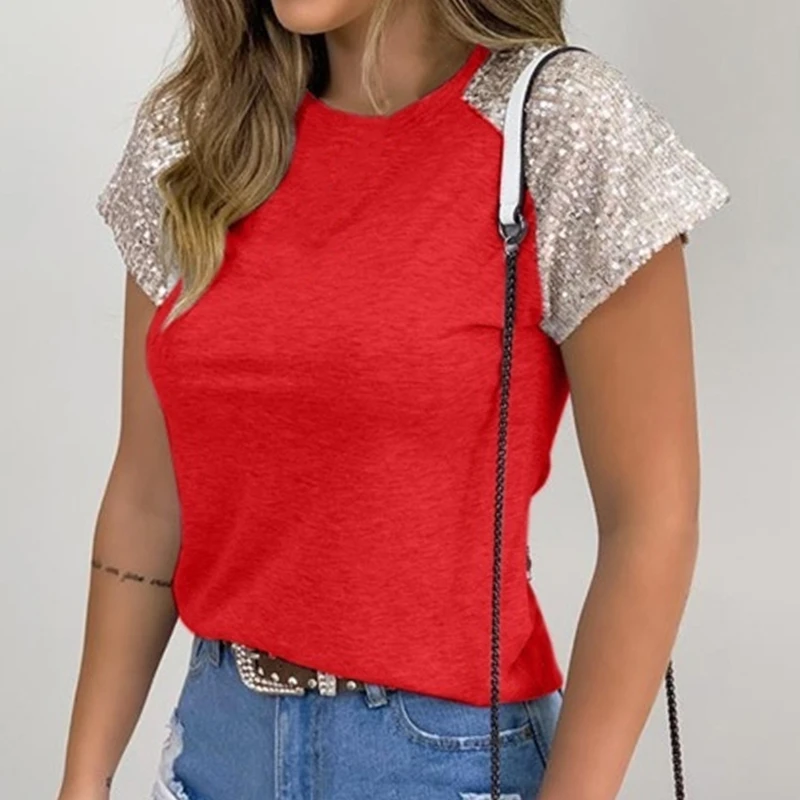 

Fashion Women Ladies Short Sleeve Slim Blouse Summer O-Neck Casual Blouse Tops Clothing Sequined Solid Casual Soft Clothes