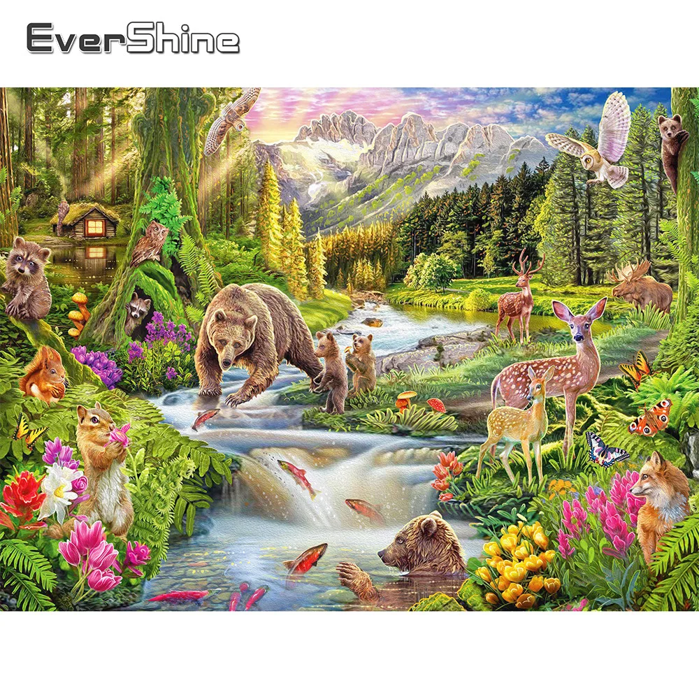 

EverShine Full Diamond Painting Bear Deer Mosaic Forest Mountain Embroidery Landscape Picture Rhinestones Needlework Home Decor