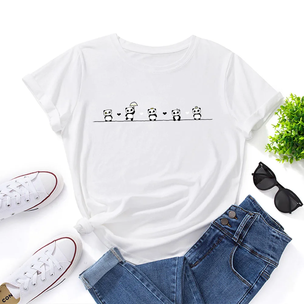 

Summer Cotton Women T Shirt 5XL Panda Bear Print Short Sleeve Graphic Tee Tops Casual O-Neck Female TS